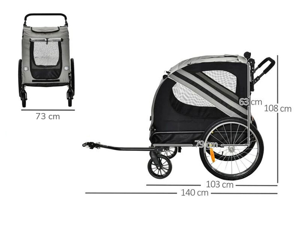 Vozík za bicykel pre psov 2v1 PAWHUT D00-144GY, šedý - Image 4