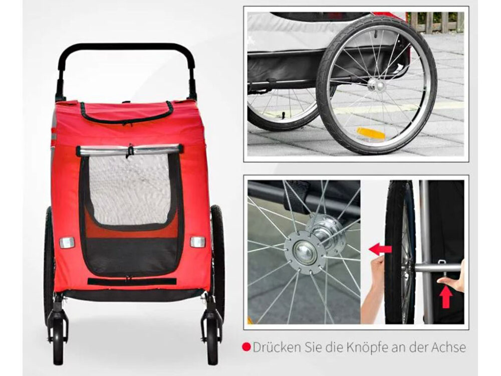 Vozík za bicykel pre psov 2v1 PAWHUT D00-144RD, červený - Image 11